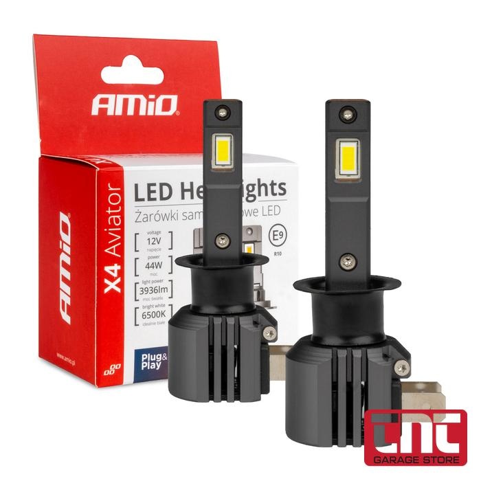 Amio Λαμπτήρες LED H1 X4 Series Aviator CSP 6500K 12V 44W — 2 Τεμάχια amio_led_headlight_bulbs_h1_x4_aviator_series_box_with_log