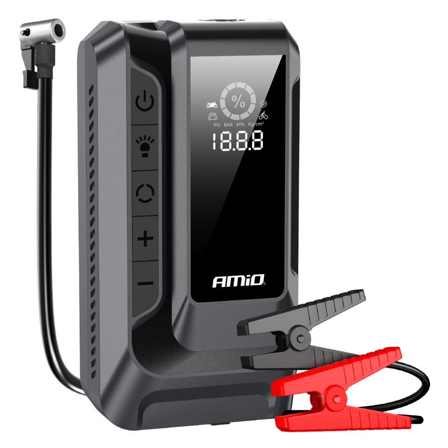 Amio – Φορητός Εκκινητής Μπαταρίας (Jump Starter) 4 σε 1 με ενσωματωμένο Κομπρεσέρ Αέρα, Powerbank και Φακό LED τάση λειτο