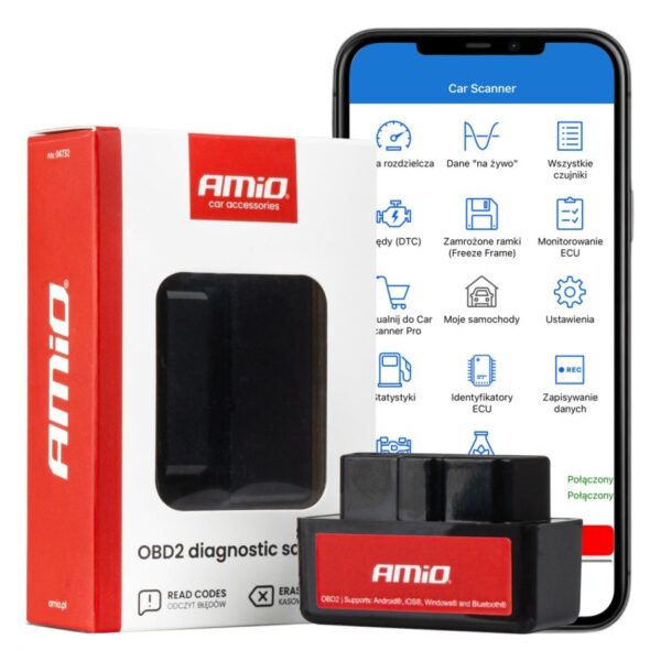 Amio – Διαγνωστικό Αυτοκινήτου OBD 2 τύπου ELM327 Bluetooth Mini τάση λειτουργίας 12V με ασύρματη σύνδεση για Επιβατικά Αυ