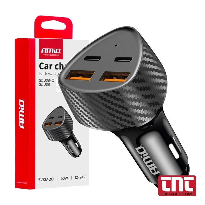 ΦΟΡΤΙΣΤΗΣ ΑΝΑΠΤΗΡΑ ΜΕ 4 ΘΥΡΕΣ 2xUSB-A+2xUSB-C 50W ΜΑΥΡΟ 1ΤΕΜ AMIO amio_car_charger_2x_usb_c_2x_usb_50w_carbon_look_with_logo.jpg