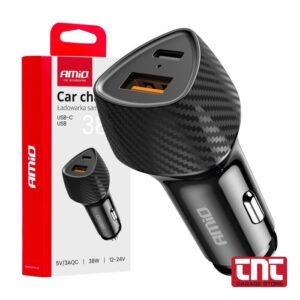 ΦΟΡΤΙΣΤΗΣ ΑΝΑΠΤΗΡΑ ΜΕ 2 ΘΥΡΕΣ USB-A QUICK CHARGE+USB-C 38W ΜΑΥΡΟ 1ΤΕΜ AMIO amio_car_charger_usb_c_usb_38w_carbon_look_with_logo.