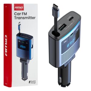 Amio – FM Transmitter Αυτοκινήτου 12/24V με 1xUSB Type-A, 1xUSB Type-C και Ενσωματωμένο Καλώδιο Φόρτισης Type-C – 1