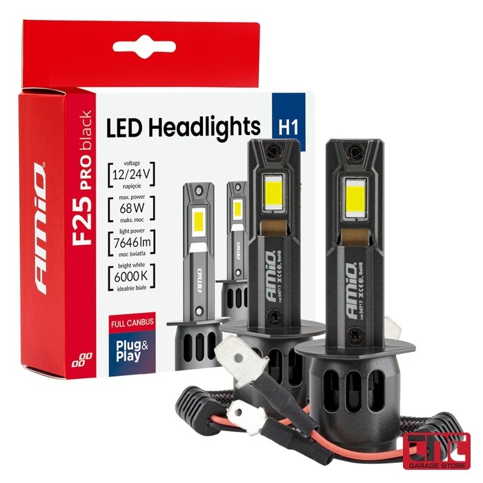 Λαμπτήρες LED Amio F25 PRO Black Edition H1 68W 12/24V Full CANBUS 7646lm 6000K — Σετ 2 τεμ. amio_f25_pro_black_led_headlights_h