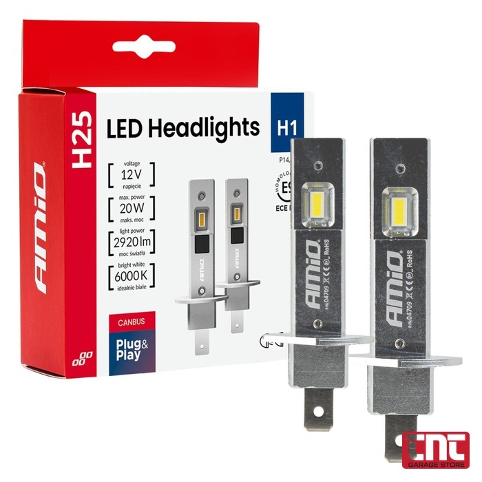 Λαμπτήρες LED H1 Series H25 CANBUS 12V 20W 2920lm 6000K CSP — E9 / ECE R10 amio_h25_led_headlights_h1_canbus_6000k_with_logo_700